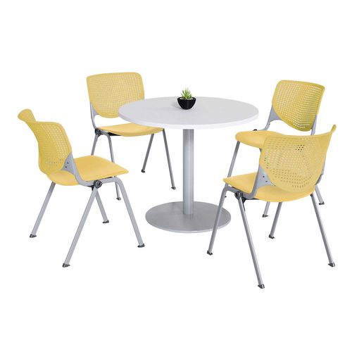 Pedestal Table With Four Yellow Kool Series Chairs, Round, 36" Dia X 29h, Designer White