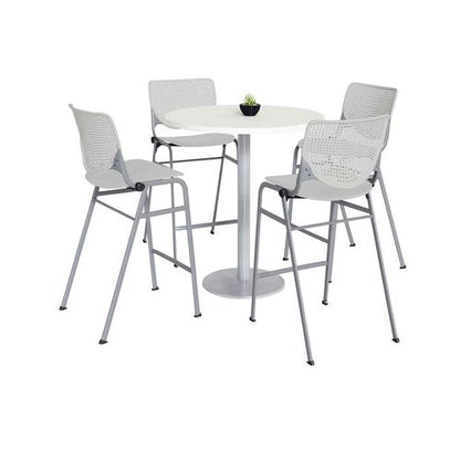Pedestal Bistro Table With Four Light Gray Kool Series Barstools, Round, 36" Dia X 41h, Designer White