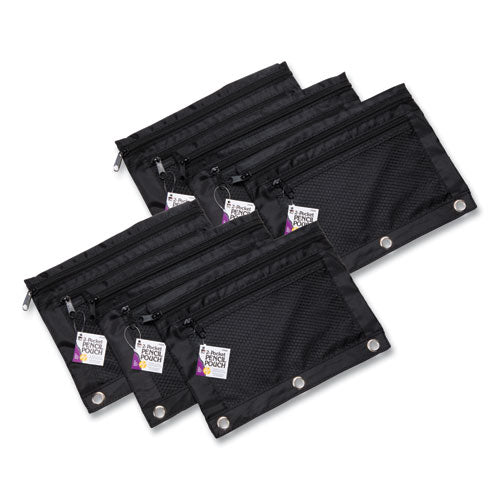 Two-pocket Binder-insertable Pencil Pouch With Mesh Front, 2 Compartments, 3-hole Punched, 11" X 9", Black, 6/pack