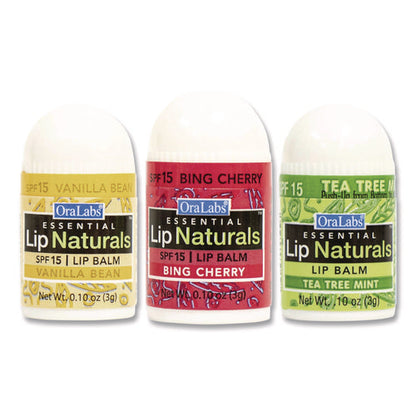 Assorted Flavors Lip Balm, Bing Cherry, Tea Tree Mint, Vanilla Bean, 0.1 Oz Tube, 100/box