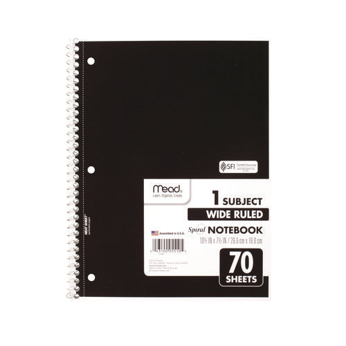 Spiral Notebook, 1-subject, Wide/legal Rule, Randomly Assorted Cover Color, (70) 10.5" X 7.5" Sheets