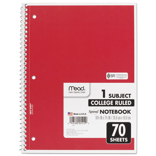 Spiral Notebook, 1-subject, Medium/college Rule, Randomly Assorted Cover Color, (70) 10.5 X 7.5 Sheets