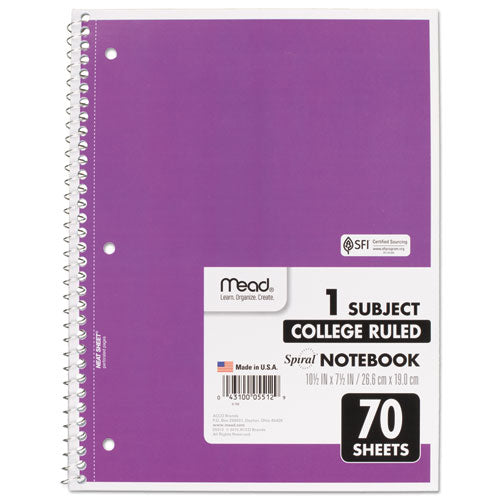 Spiral Notebook, 1-subject, Medium/college Rule, Randomly Assorted Cover Color, (70) 10.5 X 7.5 Sheets