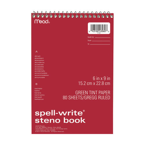 Spell-write Wirebound Steno Pad, Gregg Rule, Randomly Assorted Cover Colors, 80 Green 6 X 9 Sheets