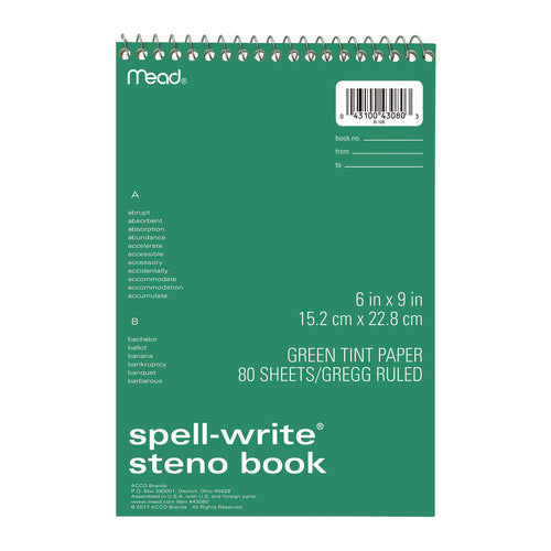 Spell-write Wirebound Steno Pad, Gregg Rule, Randomly Assorted Cover Colors, 80 Green 6 X 9 Sheets