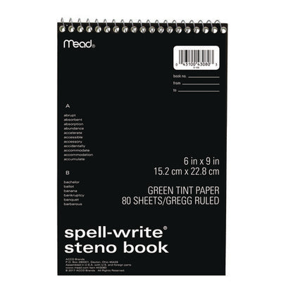 Spell-write Wirebound Steno Pad, Gregg Rule, Randomly Assorted Cover Colors, 80 Green 6 X 9 Sheets