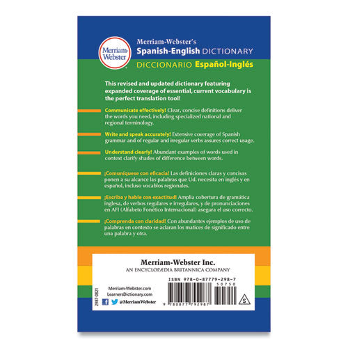 Merriam-webster Spanish-english Dictionary, Revised/updated Edition, Paperback, 4.14" X 6.75" (1" Thick), 928 Pages