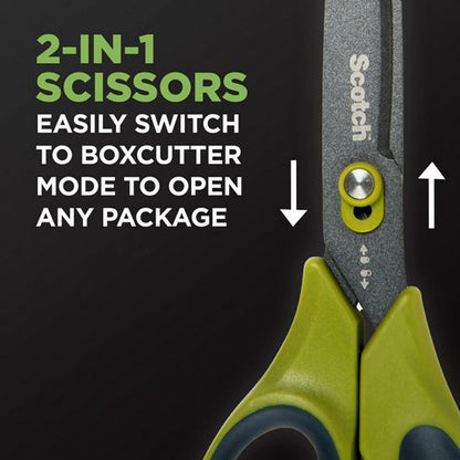 Non-stick Unboxing Scissors, 8" Long, 2.7" Cut Length, Straight Green/black Handle