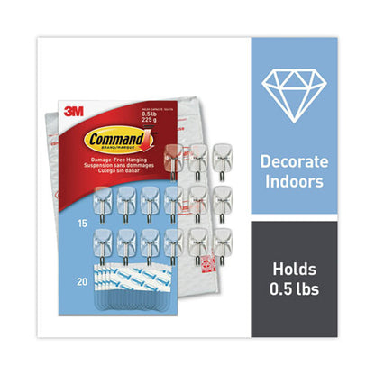 Small Wire Hooks, Small, Plastic/metal, Clear, 0.5 Lb Capacity, Clear, 15 Hooks And 20 Strips/pack