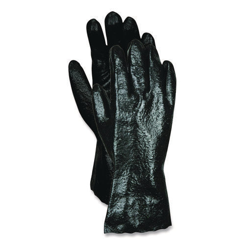 Rough Finish Single Dipped Pvc Gloves, 12" Long, Large, Black, 12 Pairs