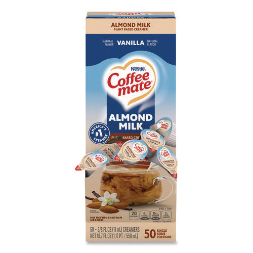 Plant-based Almond Milk Non-dairy Liquid Creamer Singles, Natural Vanilla, 0.38 Oz Mini Cups, 50/box