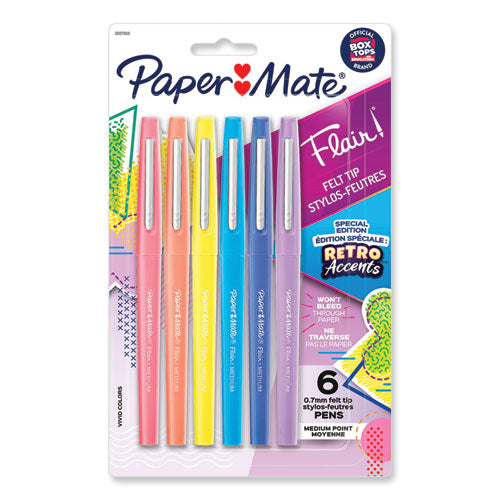 Flair Felt Tip Porous Point Pen With Retro Accents, Stick, Medium 0.7 Mm, Assorted Ink And Barrel Colors, 6/pack