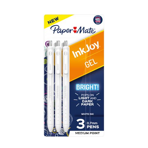 Inkjoy Gel Bright Gel Pen, Retractable, Medium 0.7 Mm, White Ink, White Barrel, 3/pack