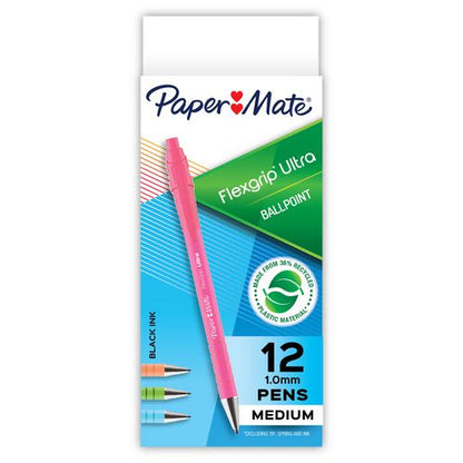 Flexgrip Ultra Recycled Ballpoint Pen, Retractable, Medium 1 Mm, Black Ink, Assorted Barrel Colors, Dozen