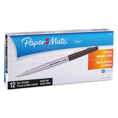 Flair Felt Tip Porous Point Pen, Stick, Ultra-fine 0.4 Mm, Black Ink, Gray/black Barrel, Dozen