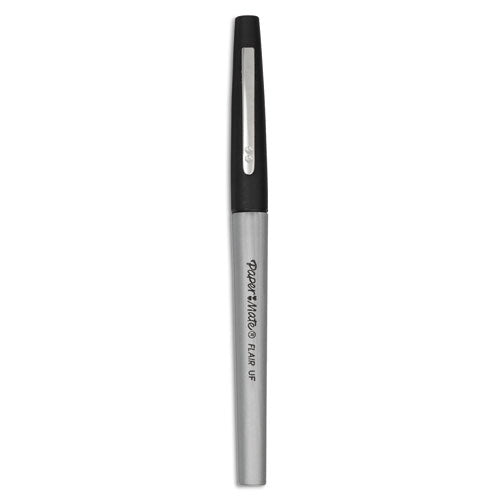 Flair Felt Tip Porous Point Pen, Stick, Ultra-fine 0.4 Mm, Black Ink, Gray/black Barrel, Dozen