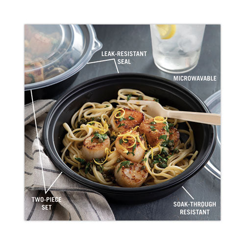 Earthchoice Mealmaster Container With Lid, 32 Oz, 8" Diameter X 2.12" H, Black/clear, Plastic, 250/carton