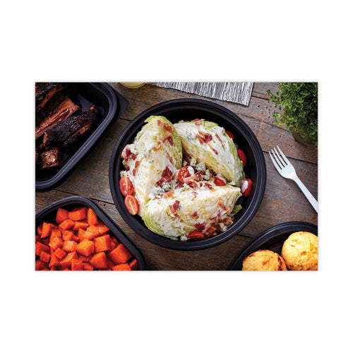 Earthchoice Mealmaster Container With Lid, 48 Oz, 10.13" Diameter X 2.13" H, Black/clear, Plastic, 150/carton