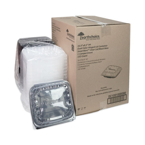 Earthchoice Vented Dual Color Microwavable Hinged Lid Container, 66 Oz, 10.5 X 9.5 X 3, Black/clear, Plastic, 132/carton
