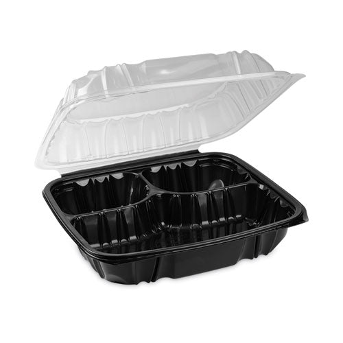 Earthchoice Vented Dual Color Microwavable Hinged Lid Container, 3 Compartments, 34 Oz, Black/clear, Plastic, 132/carton