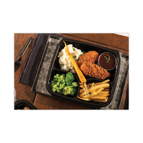 Earthchoice Vented Dual Color Microwavable Hinged Lid Container, 3 Compartments, 34 Oz, Black/clear, Plastic, 132/carton