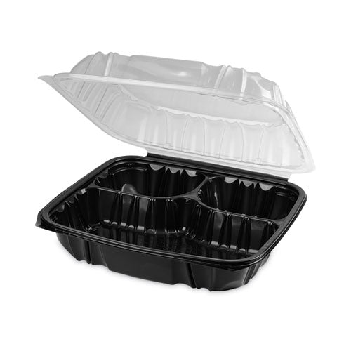 Earthchoice Vented Dual Color Microwavable Hinged Lid Container, 3 Compartments, 34 Oz, Black/clear, Plastic, 132/carton