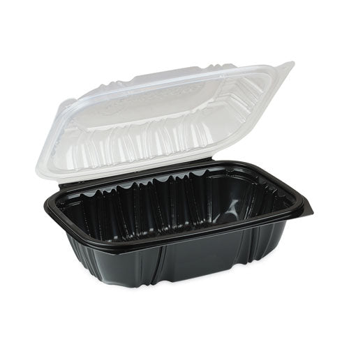 Earthchoice Vented Dual Color Microwavable Hinged Lid Container, 34 Oz, 9 X 6 X 3, Black/clear, Plastic, 140/carton