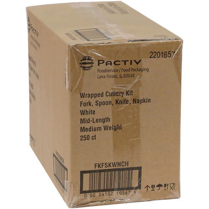 Fieldware Cutlery Kit, Individually Wrapped, Mediumweight, Fork/knife/napkin/spoon, Plastic, White, 250/carton