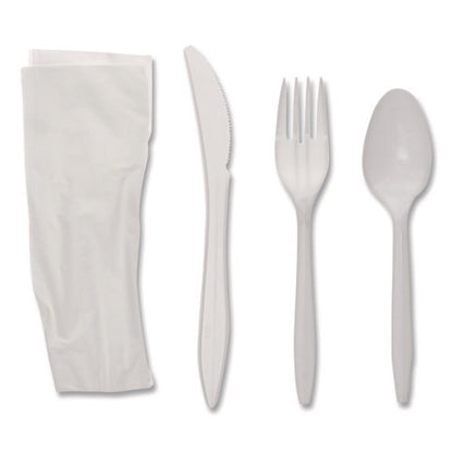 Fieldware Cutlery Kit, Individually Wrapped, Mediumweight, Fork/knife/napkin/spoon, Plastic, White, 250/carton