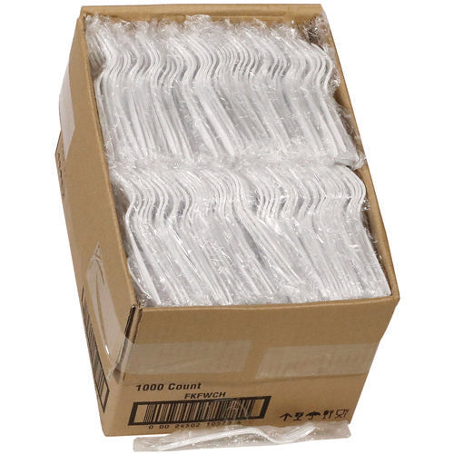 Fieldware Cutlery, Individually Wrapped, Mediumweight Fork, Plastic, White, 1,000/carton