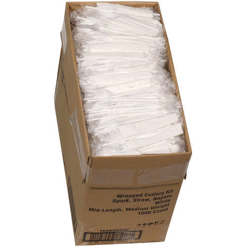 Fieldware Cutlery Kit, Mediumweight, Napkin/spork/straw, Plastic, White, 1,000/carton