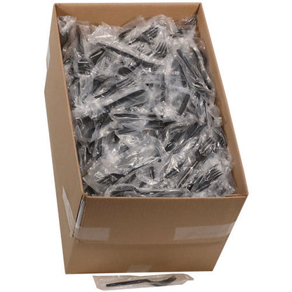 Meadoware Cutlery, Individually Wrapped, Medium Heavyweight Fork, Plastic, Black, 1,000/carton