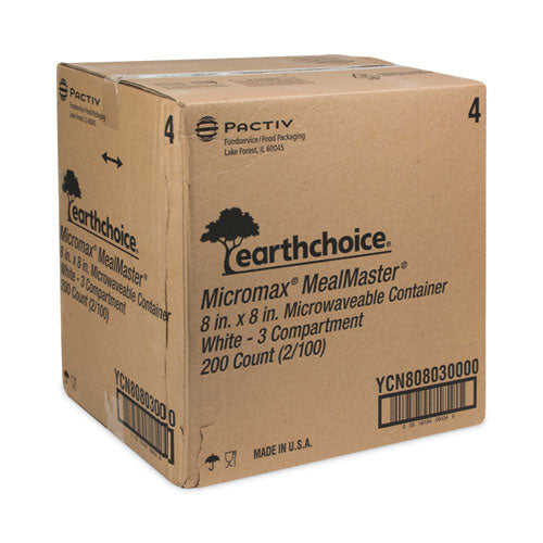 Earthchoice Smartlock Microwavable Mfpp Hinged Lid Container, 3 Compartments, 8.31 X 8.35 X 3.1, White, Plastic, 200/carton