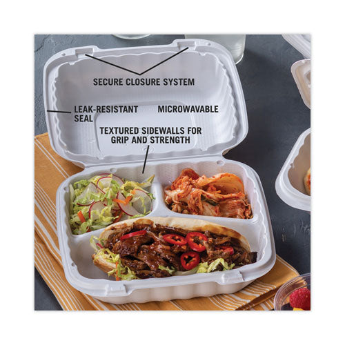 Earthchoice Smartlock Microwavable Mfpp Hinged Lid Container, 3 Compartments, 8.31 X 8.35 X 3.1, White, Plastic, 200/carton