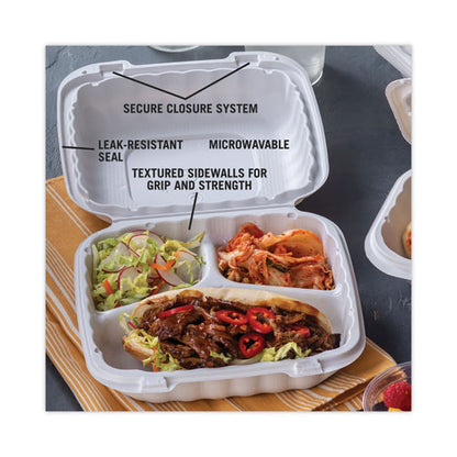 Earthchoice Smartlock Microwavable Mfpp Hinged Lid Container, 3 Compartments, 8.31 X 8.35 X 3.1, White, Plastic, 200/carton