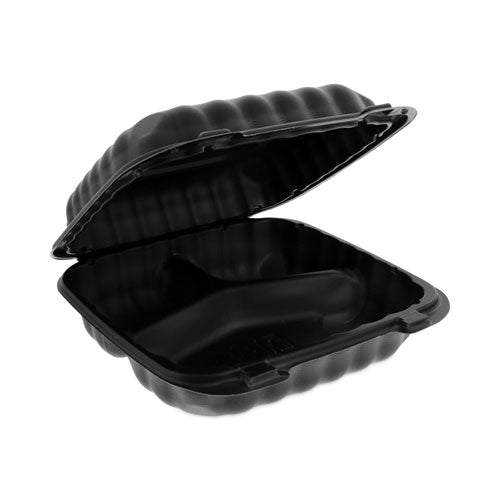 Earthchoice Smartlock Microwavable Mfpp Hinged Lid Container, 3 Compartments, 8.3 X 8.3 X 3.4, Black, Plastic, 200/carton