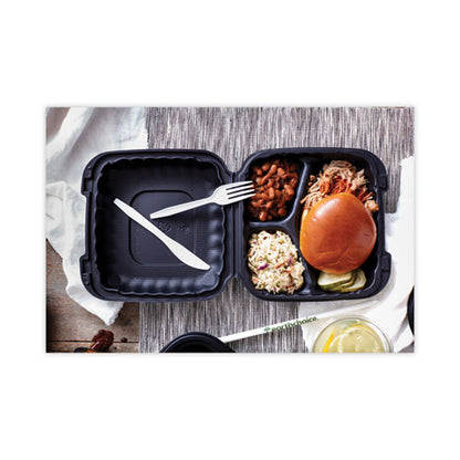 Earthchoice Smartlock Microwavable Mfpp Hinged Lid Container, 3 Compartments, 8.3 X 8.3 X 3.4, Black, Plastic, 200/carton
