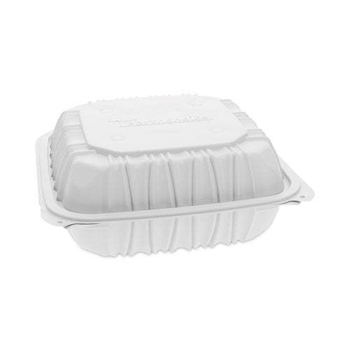Earthchoice Vented Microwavable Mfpp Hinged Lid Container, 3 Compartments, 8.5 X 8.5 X 3.1, White, Plastic, 146/carton