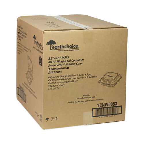 Earthchoice Vented Microwavable Mfpp Hinged Lid Container, 3 Compartments, 8.5 X 8.5 X 3.1, White, Plastic, 146/carton