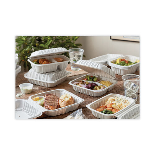 Earthchoice Vented Microwavable Mfpp Hinged Lid Container, 3 Compartments, 8.5 X 8.5 X 3.1, White, Plastic, 146/carton