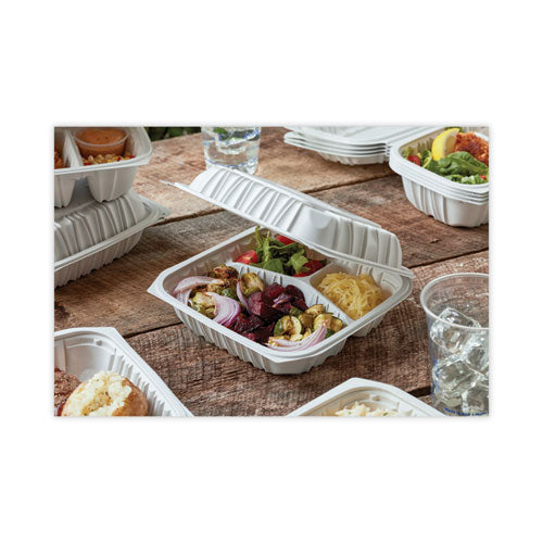 Earthchoice Vented Microwavable Mfpp Hinged Lid Container, 3 Compartments, 8.5 X 8.5 X 3.1, White, Plastic, 146/carton