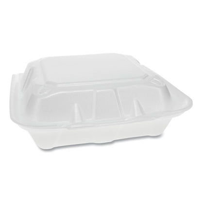 Vented Foam Hinged Lid Container, Dual Tab Lock, 3 Compartments, 8.42 X 8.15 X 3, White, 150/carton