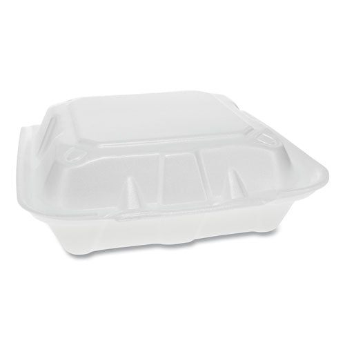 Vented Foam Hinged Lid Container, Dual Tab Lock, 3 Compartments, 8.42 X 8.15 X 3, White, 150/carton
