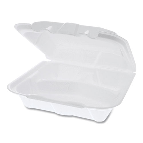 Vented Foam Hinged Lid Container, Dual Tab Lock, 3 Compartments, 8.42 X 8.15 X 3, White, 150/carton