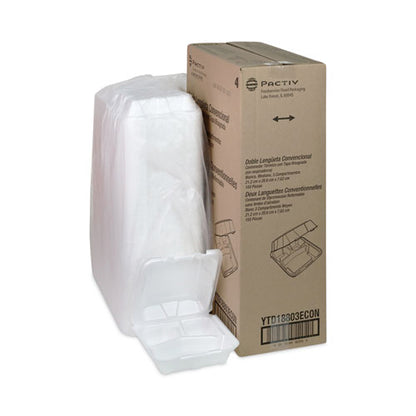 Vented Foam Hinged Lid Container, Dual Tab Lock Economy, 3 Compartments, 8.42 X 8.15 X 3, White, 150/carton