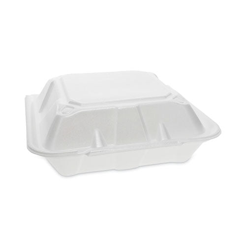 Vented Foam Hinged Lid Container, Dual Tab Lock, 3 Compartments, 9.13 X 9 X 3.25, White, 150/carton