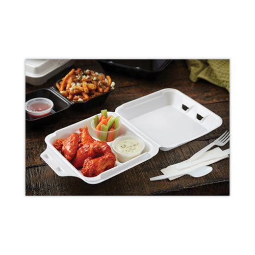 Vented Foam Hinged Lid Container, Dual Tab Lock, 3 Compartments, 9.13 X 9 X 3.25, White, 150/carton