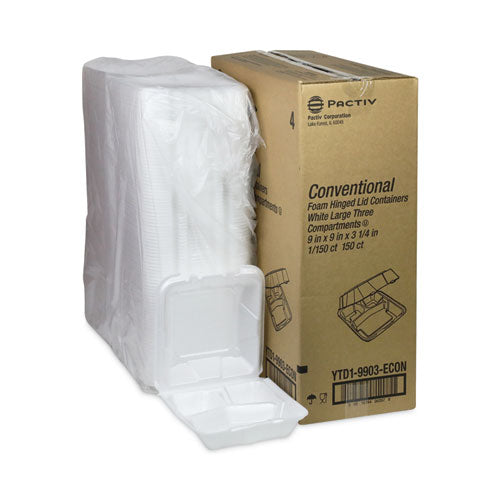 Vented Foam Hinged Lid Container, Dual Tab Lock Economy, 3 Compartments, 9.13 X 9 X 3.25, White, 150/carton