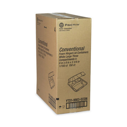 Vented Foam Hinged Lid Container, Dual Tab Lock Economy, 3 Compartments, 9.13 X 9 X 3.25, White, 150/carton