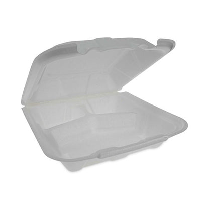 Vented Foam Hinged Lid Container, Dual Tab Lock Economy, 3 Compartments, 9.13 X 9 X 3.25, White, 150/carton
